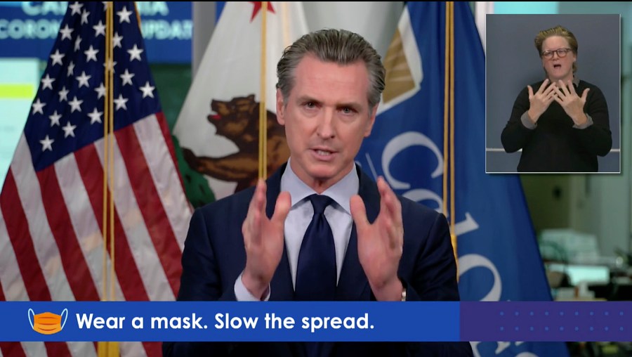 California Gov. Gavin Newsom holds his weekly news conference via an internet stream provided by the Office of the Governor from Sacramento on Nov. 9, 2020.