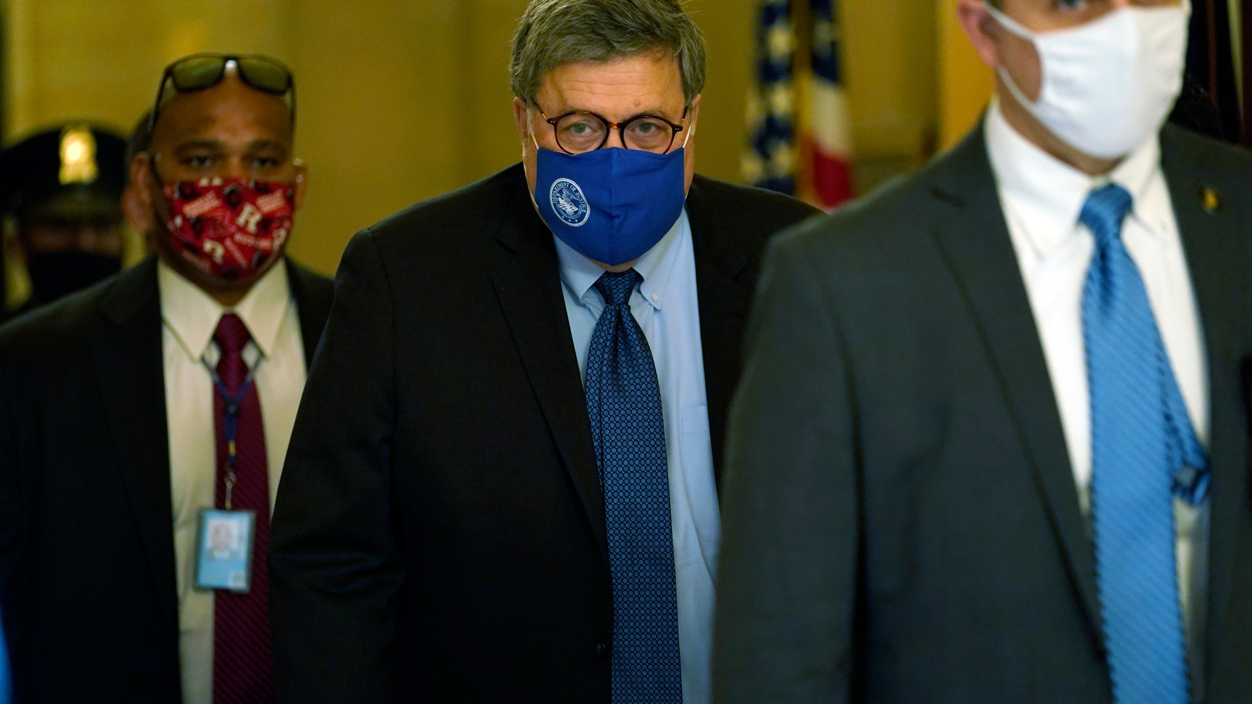 Attorney General William Barr leaves the office of Senate Majority Leader Mitch McConnell of Ky., on Capitol Hill in Washington, Monday, Nov. 9, 2020. (AP Photo/Susan Walsh)