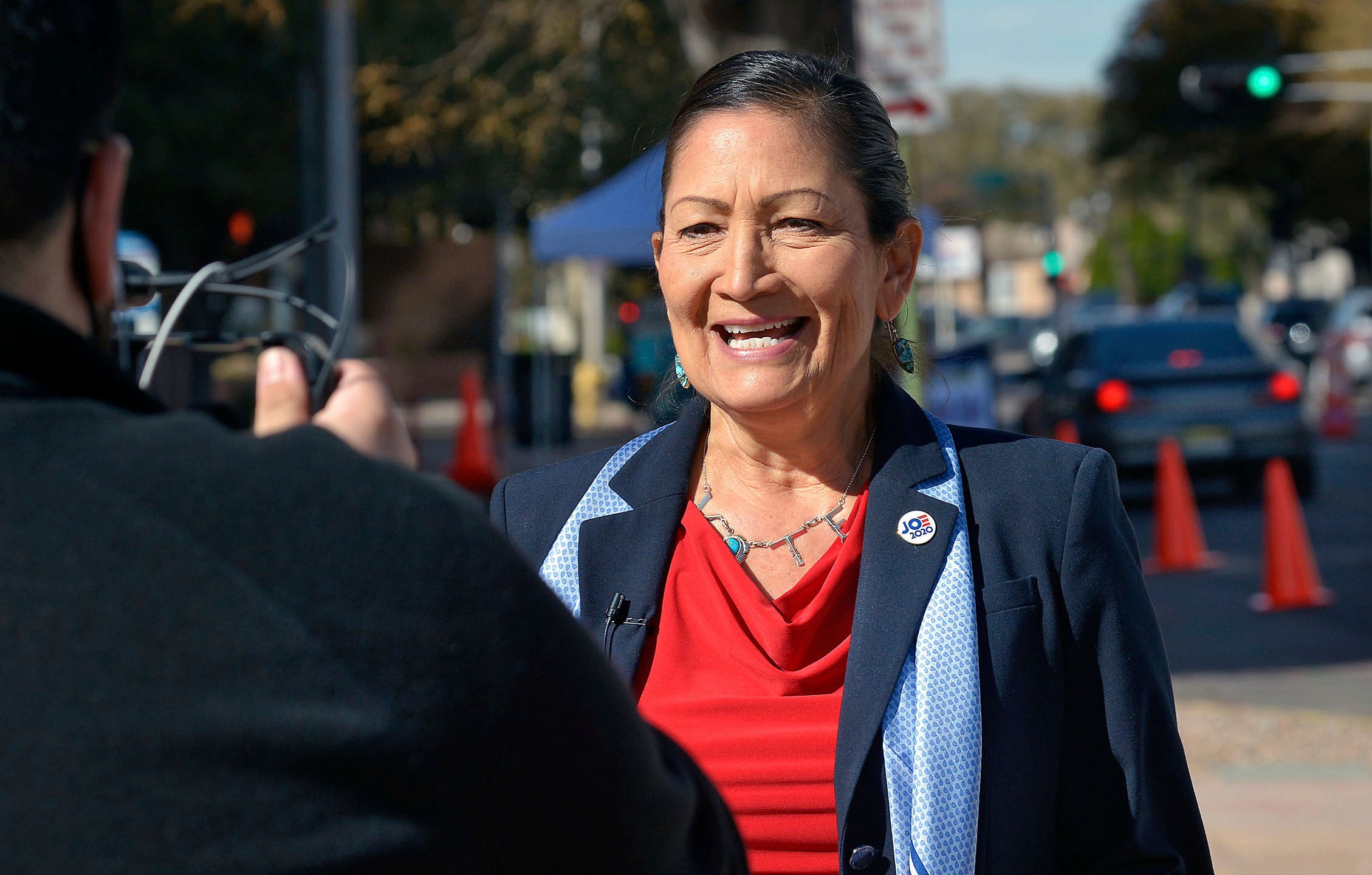 In this Nov. 3, 2020, file photo, Democratic Congresswoman Deb Haaland, N.M.-1st Dist., does a PSA for her Twitter account in downtown Albuquerque, N.M. (Jim Thompson/The Albuquerque Journal via AP, File)