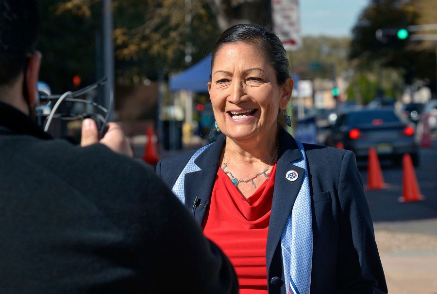 In this Nov. 3, 2020, file photo, Democratic Congresswoman Deb Haaland, N.M.-1st Dist., does a PSA for her Twitter account in downtown Albuquerque, N.M. (Jim Thompson/The Albuquerque Journal via AP, File)