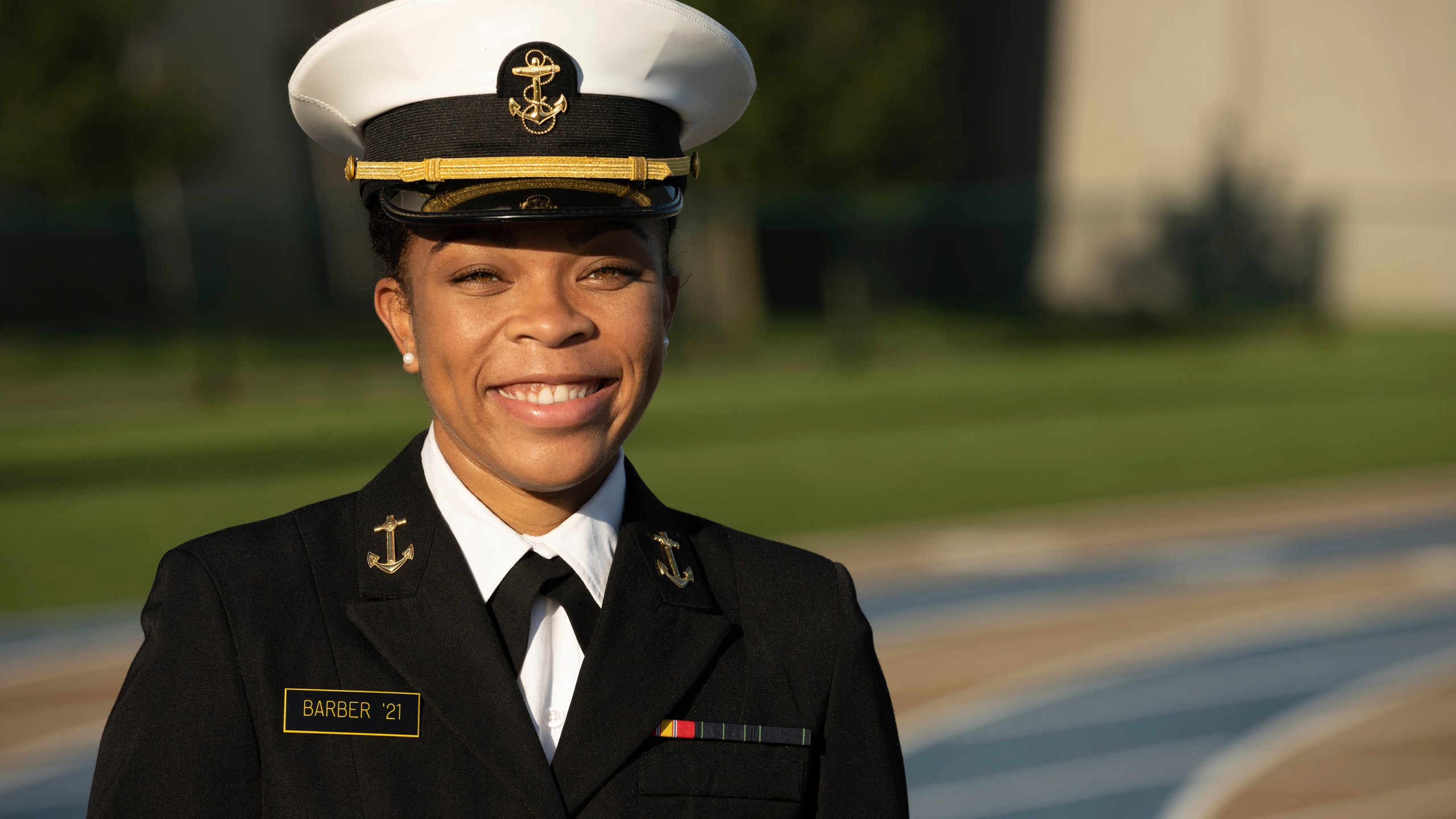 This undated photo provided by the U.S. Navy shows Midshipman 1st Class Sydney Barber, from Lake Forest, Ill. Barber is slated to be the Naval Academy's first African American female brigade commander, the U.S. Naval Academy announced Monday, Nov. 9, 2020. (Petty Officer 2nd Class Nathan Burke/U.S. Navy via AP)