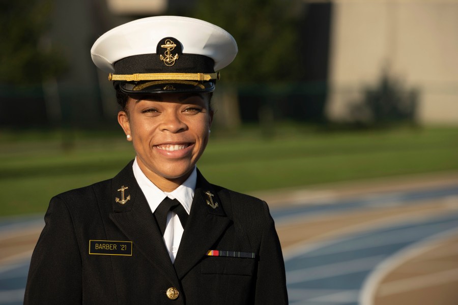 This undated photo provided by the U.S. Navy shows Midshipman 1st Class Sydney Barber, from Lake Forest, Ill. Barber is slated to be the Naval Academy's first African American female brigade commander, the U.S. Naval Academy announced Monday, Nov. 9, 2020. (Petty Officer 2nd Class Nathan Burke/U.S. Navy via AP)