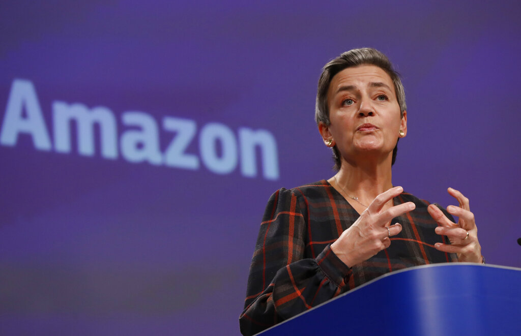 European Executive Vice-President Margrethe Vestager speaks during a press conference regarding an antitrust case with Amazon at EU headquarters in Brussels, Tuesday, Nov. 10, 2020. (Olivier Hoslet, Pool via AP)