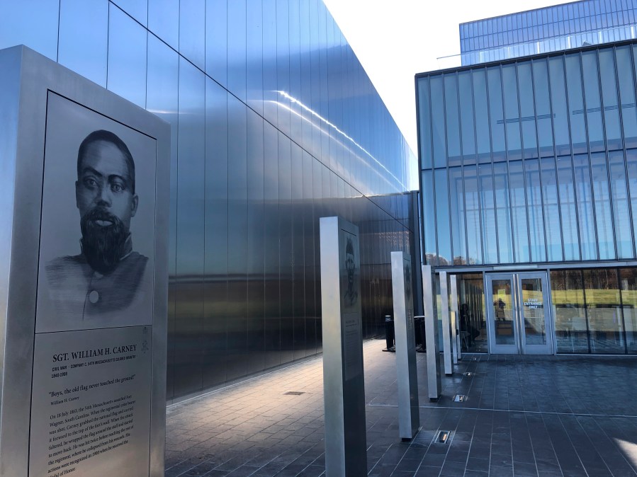 A marker commemorating the service of Sgt. William Carney, a former slave who served in the 54th Massachusetts Colored Infantry Regiment and became the first African American Medal of Honor recipient, is displayed outside the new National Museum of the United States Army on Nov. 10, 2020, in Fort Belvoir, Va. (Matthew Barakat / Associated Press)