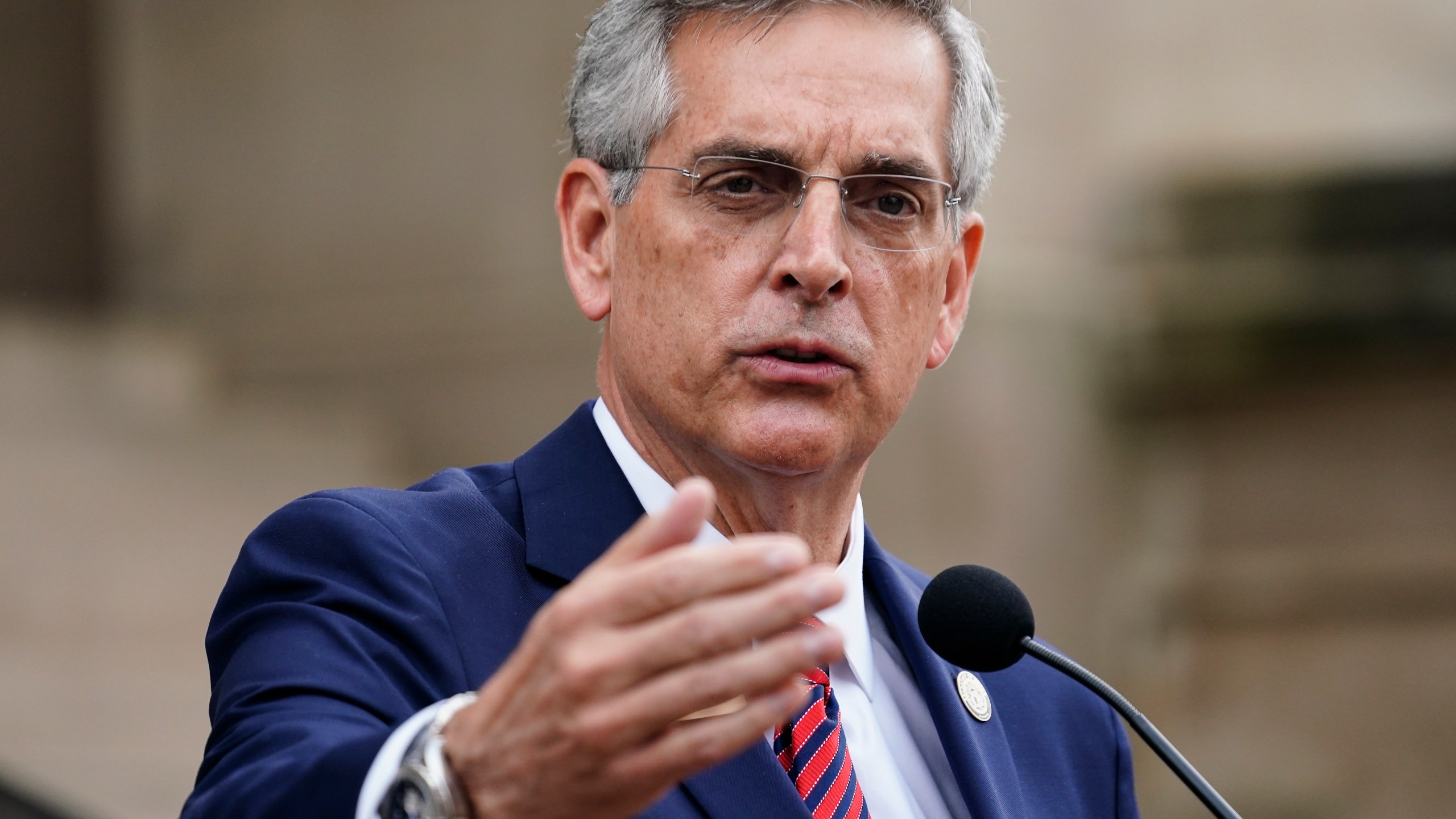 Georgia Secretary of State Brad Raffensperger speaks during a news conference on Wednesday, Nov. 11, 2020, in Atlanta. Georgia election officials have announced an audit of presidential election results that will trigger a full hand recount. (AP Photo/Brynn Anderson)