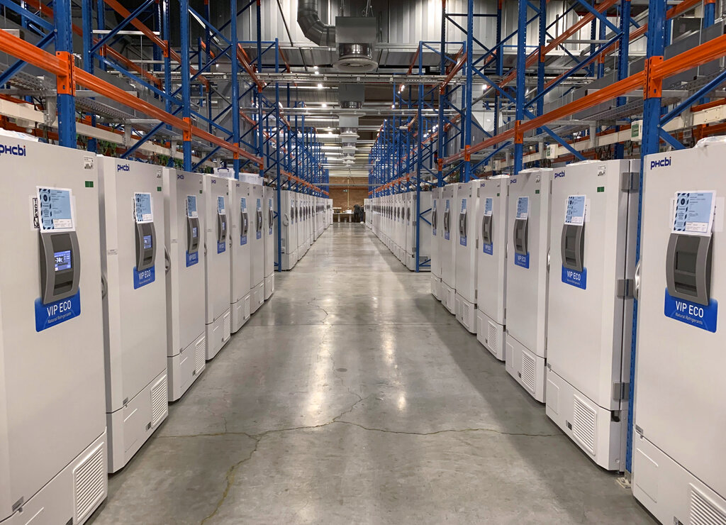 This handout photo taken in Oct. 2020 and provided by Pfizer shows part of a "freezer farm," a football field-sized facility for storing finished COVID-19 vaccines, in Puurs, Belgium. (Pfizer via AP)