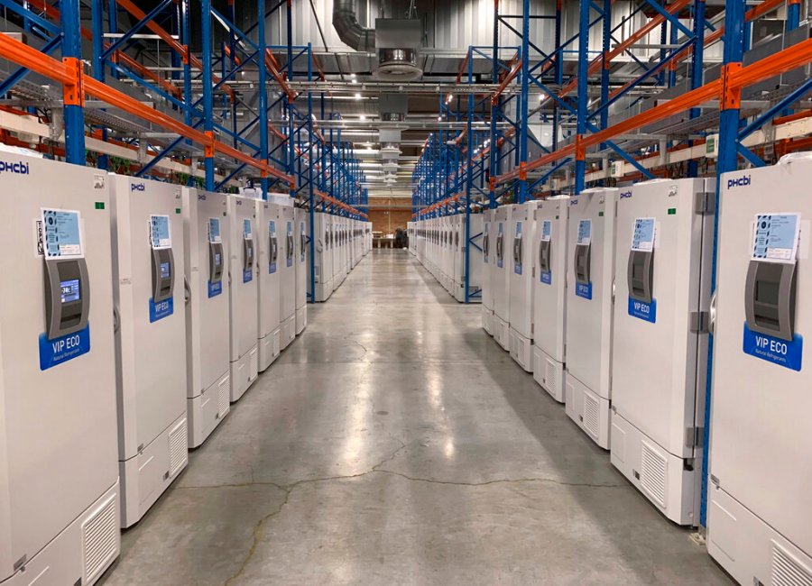 This handout photo taken in Oct. 2020 and provided by Pfizer shows part of a "freezer farm," a football field-sized facility for storing finished COVID-19 vaccines, in Puurs, Belgium. (Pfizer via AP)