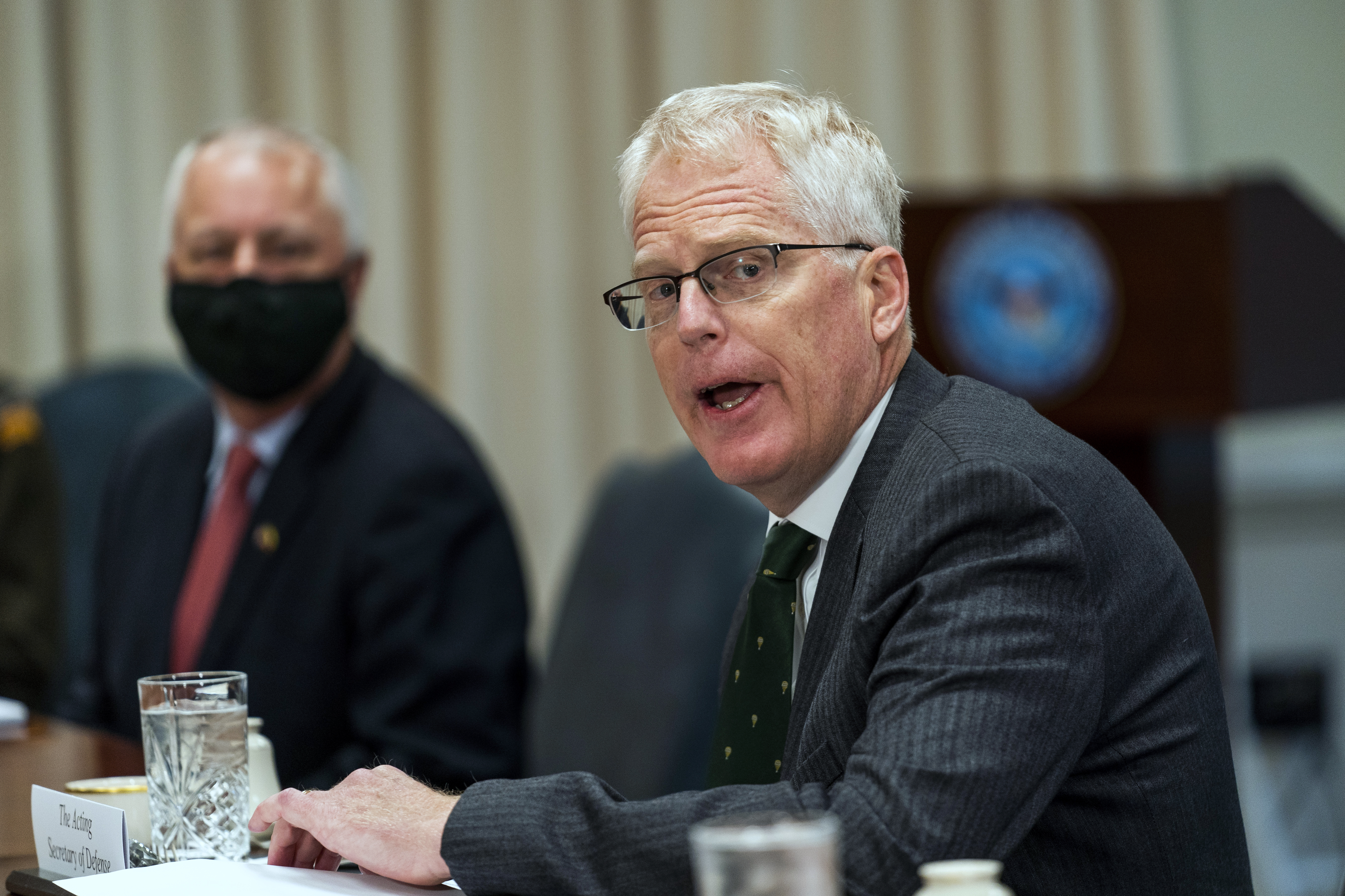 Acting Secretary of Defense Christopher Miller speaks during a meeting with Lithuanian Minister of National Defence Raimundas Karoblis at the Pentagon, Friday, Nov. 13, 2020. (AP Photo/Manuel Balce Ceneta)