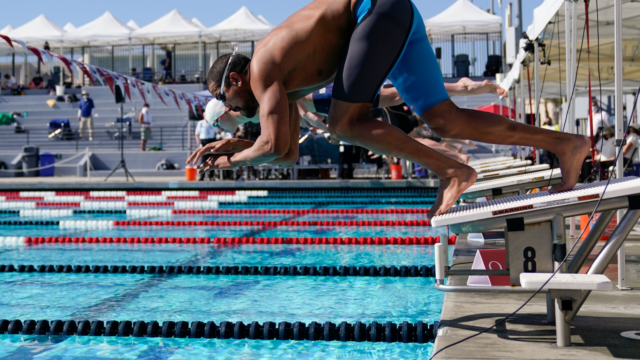 Ous Mellouli dives in for the men's 400 meter freestyle at the U.S. Open swimming championships on Nov. 13, 2020, in Irvine, Calif. (AP Photo/Ashley Landis)