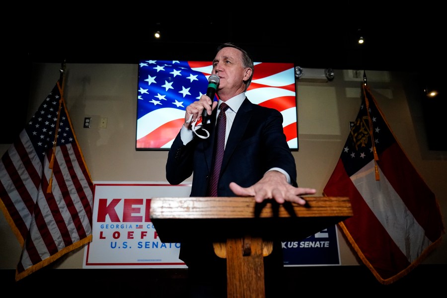 Republican candidate for U.S. Senate Sen. David Perdue speaks during a campaign rally on Friday, Nov. 13, 2020, in Cumming, Ga. Perdue and Democratic candidate Jon Ossoff are in a runoff election for the Senate seat in Georgia. (AP Photo/Brynn Anderson)