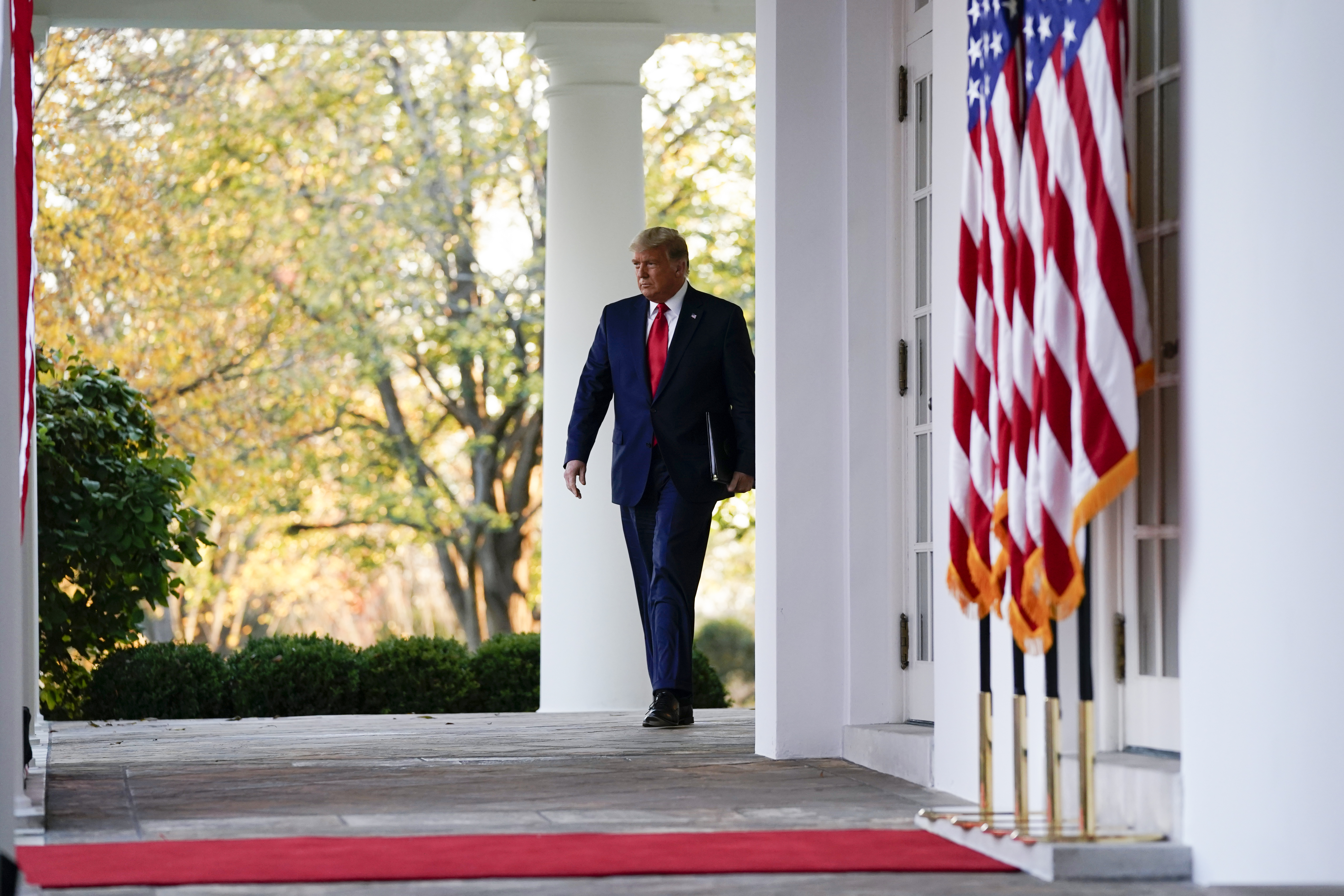 President Donald Trump arrives to speak in the Rose Garden of the White House on Nov. 13, 2020. (Evan Vucci/Associated Press)