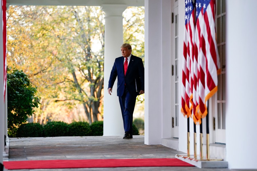 President Donald Trump arrives to speak in the Rose Garden of the White House on Nov. 13, 2020. (Evan Vucci/Associated Press)