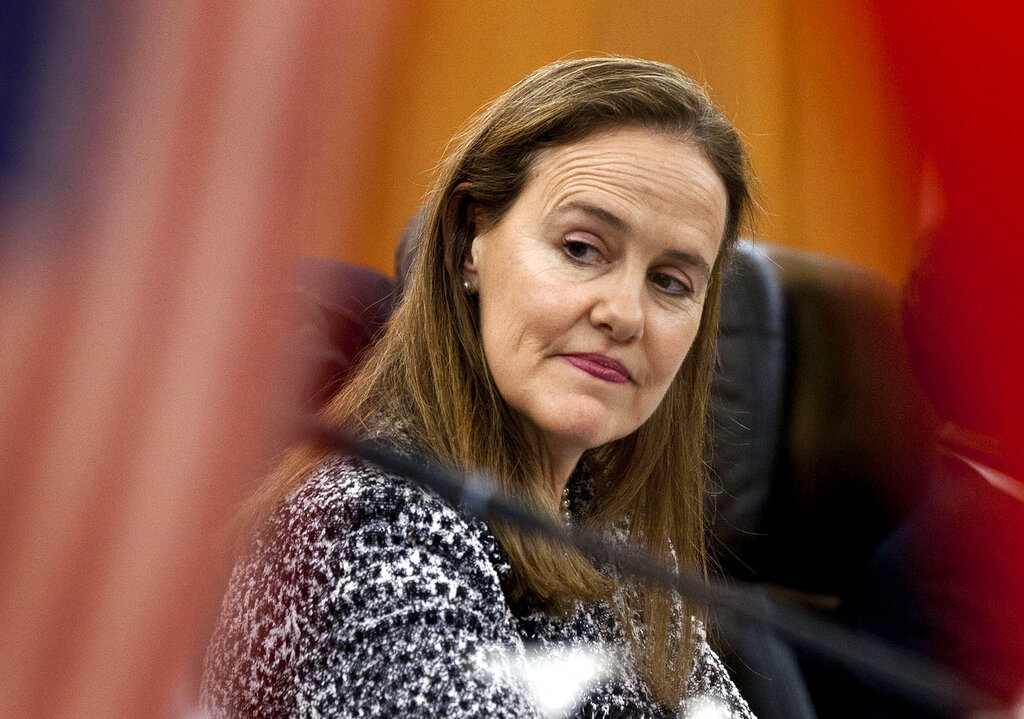 This Dec. 7, 2011 file photo shows former U.S. Defense Undersecretary Michele Flournoy, preparing for a bilateral meeting in Beijing, China. (AP Photo/Andy Wong, File)