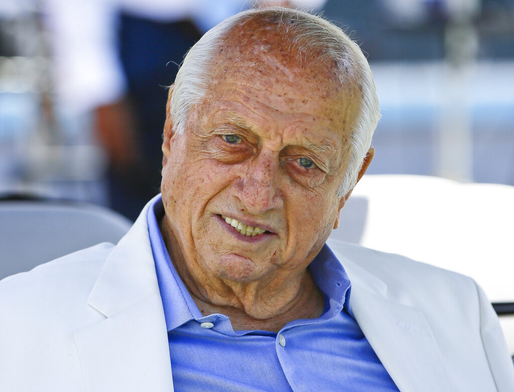 Los Angeles Dodgers former manager and Hall of Famer Tommy Lasorda attends a news conference in Los Angeles on April 11, 2018. (Damian Dovarganes / Associated Press)