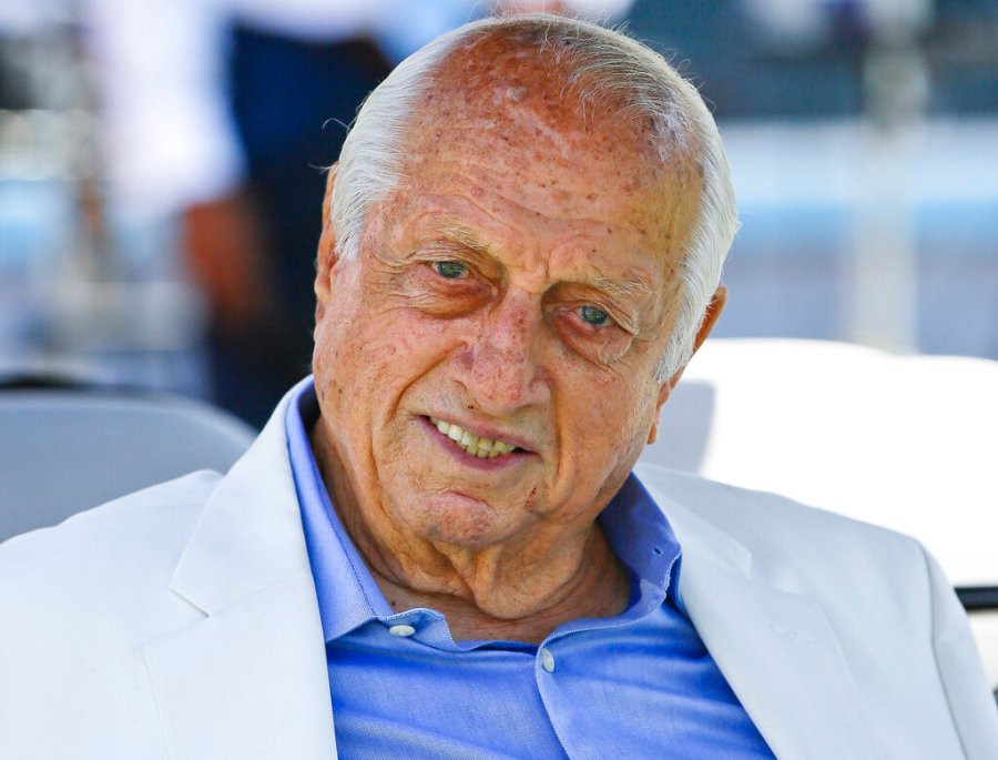 Los Angeles Dodgers former manager and Hall of Famer Tommy Lasorda attends a news conference in Los Angeles on April 11, 2018. (Damian Dovarganes / Associated Press)