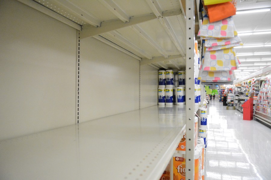 In this Monday, Nov. 2, 2020, file photo, a section of shelving that normally holds paper towels sits empty at Redner's in Schuylkill Haven, Pa., amid the latest surge of the coronavirus pandemic. (Lindsey Shuey/The Republican-Herald via AP)