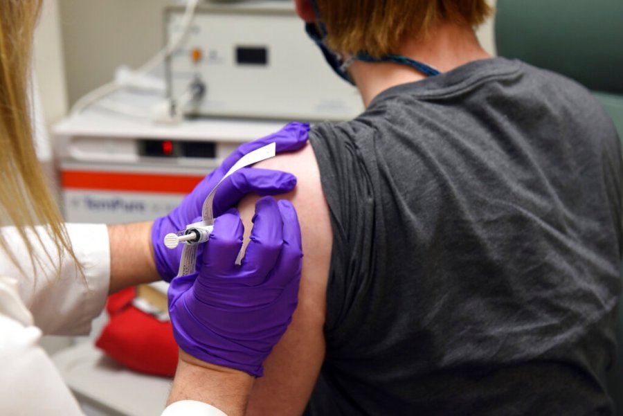 This May 4, 2020, file photo provided by the University of Maryland School of Medicine, shows the first patient enrolled in Pfizer's COVID-19 coronavirus vaccine clinical trial at the University of Maryland School of Medicine in Baltimore. (Courtesy of University of Maryland School of Medicine via AP, File)