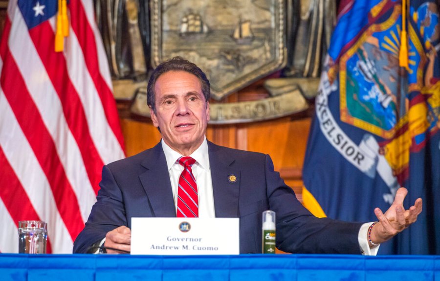 In this Wednesday, Nov. 18, 2020 photo provided by the Office of Governor Andrew M. Cuomo, Gov. Cuomo holds a press briefing on the coronavirus in the Red Room at the State Capitol in Albany, N.Y. (Darren McGee/Office of Governor Andrew M. Cuomo via AP)