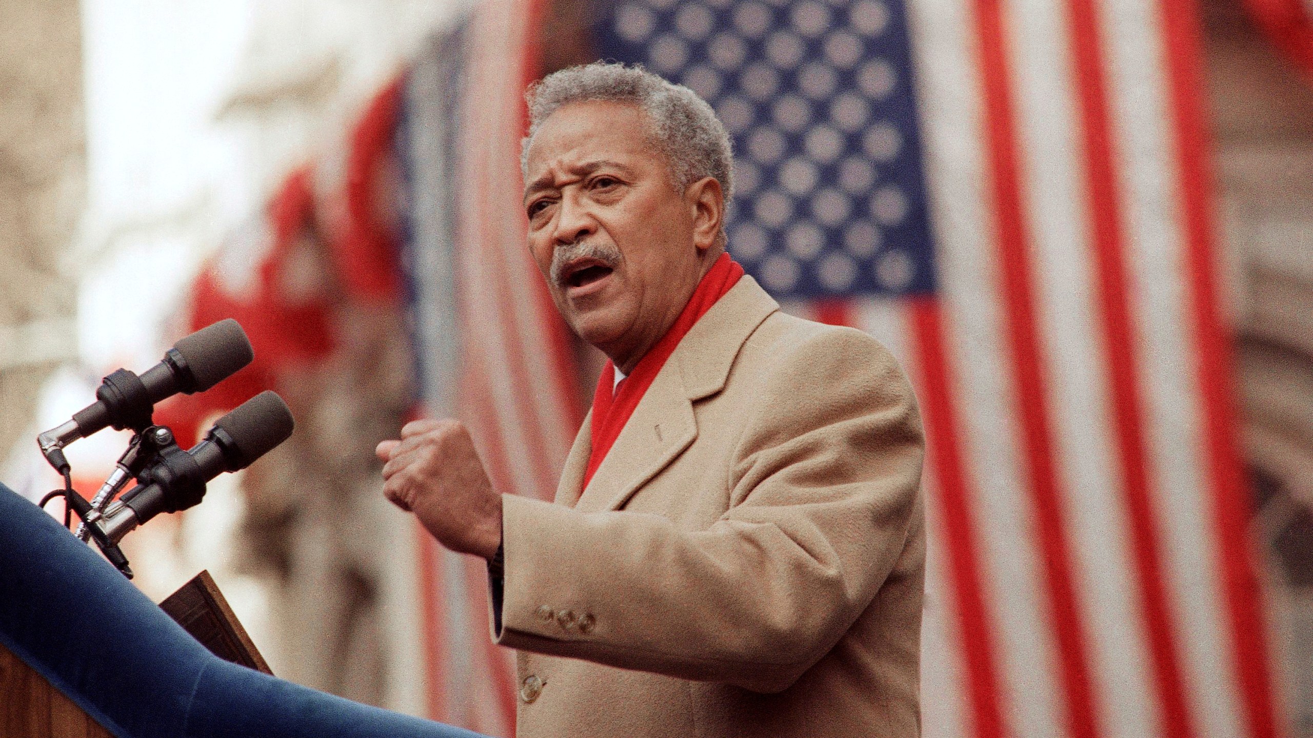 David Dinkins delivers his first speech as mayor of New York on Jan. 2, 1990. (Frankie Ziths / Associated Press)