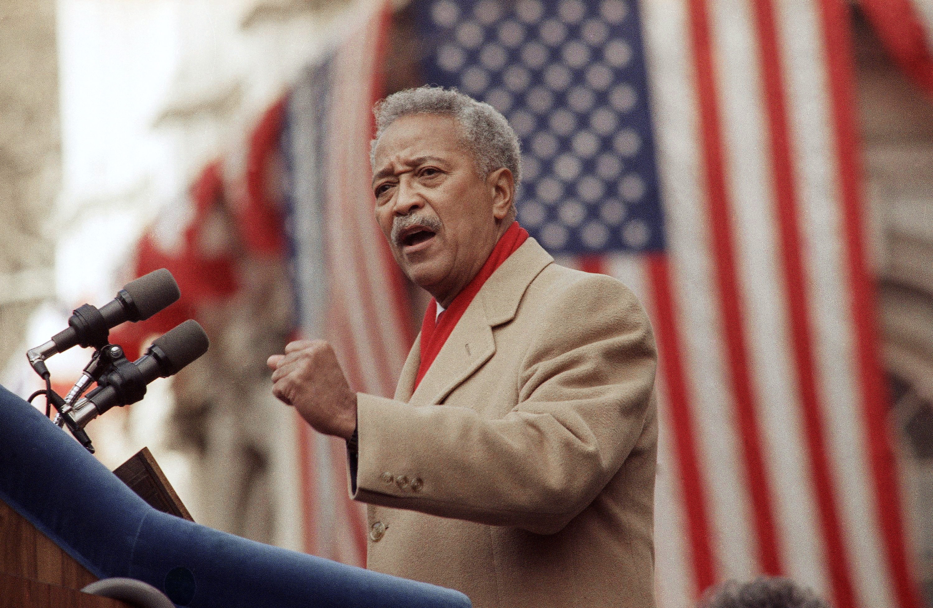 David Dinkins delivers his first speech as mayor of New York on Jan. 2, 1990. (Frankie Ziths / Associated Press)