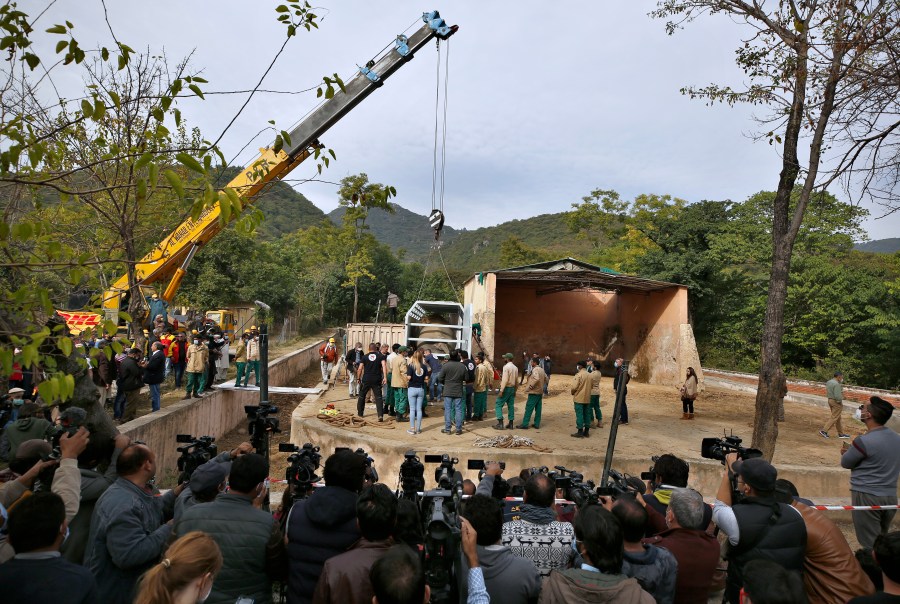 Pakistani wildlife workers and experts from the international animal welfare organization Four Paws use a crane to move a crate carrying an elephant named Kaavan for transporting him to a sanctuary in Cambodia, at the Marghazar Zoo in Islamabad, Pakistan, Sunday, Nov. 29, 2020. (AP Photo/Anjum Naveed)