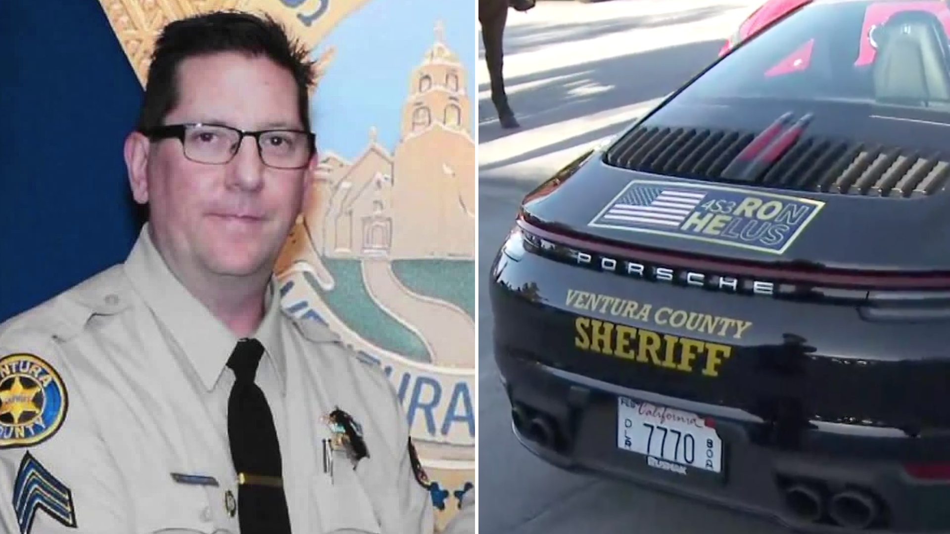 Sgt. Ron Helus is seen in an image from the Ventura County Sheriff's Office. On the right, a car made to pay tribute to him is seen on Nov. 14, 2020. (KTLA)