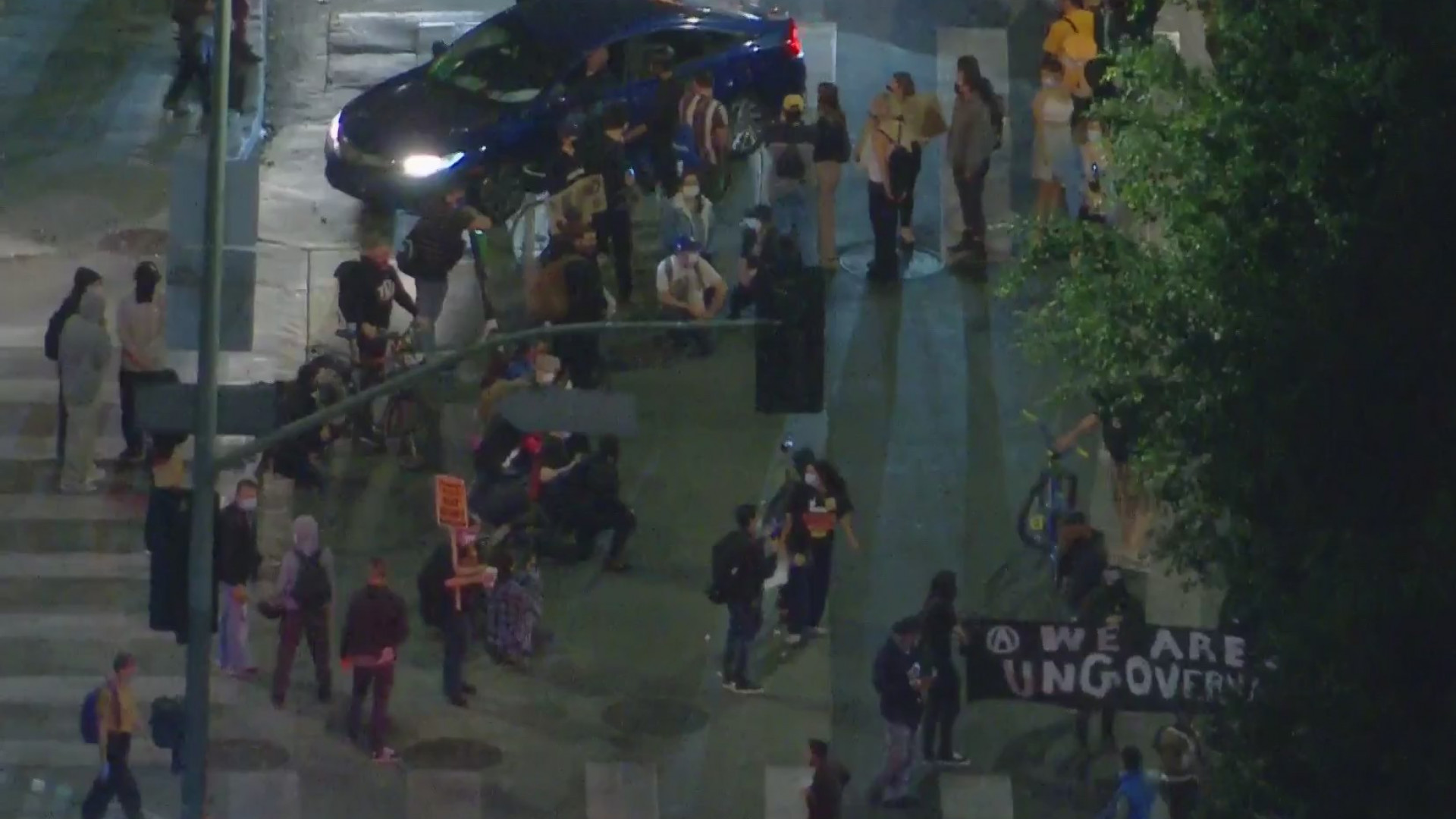 People gather in downtown Los Angeles on Nov. 4, 2020. (KTLA)