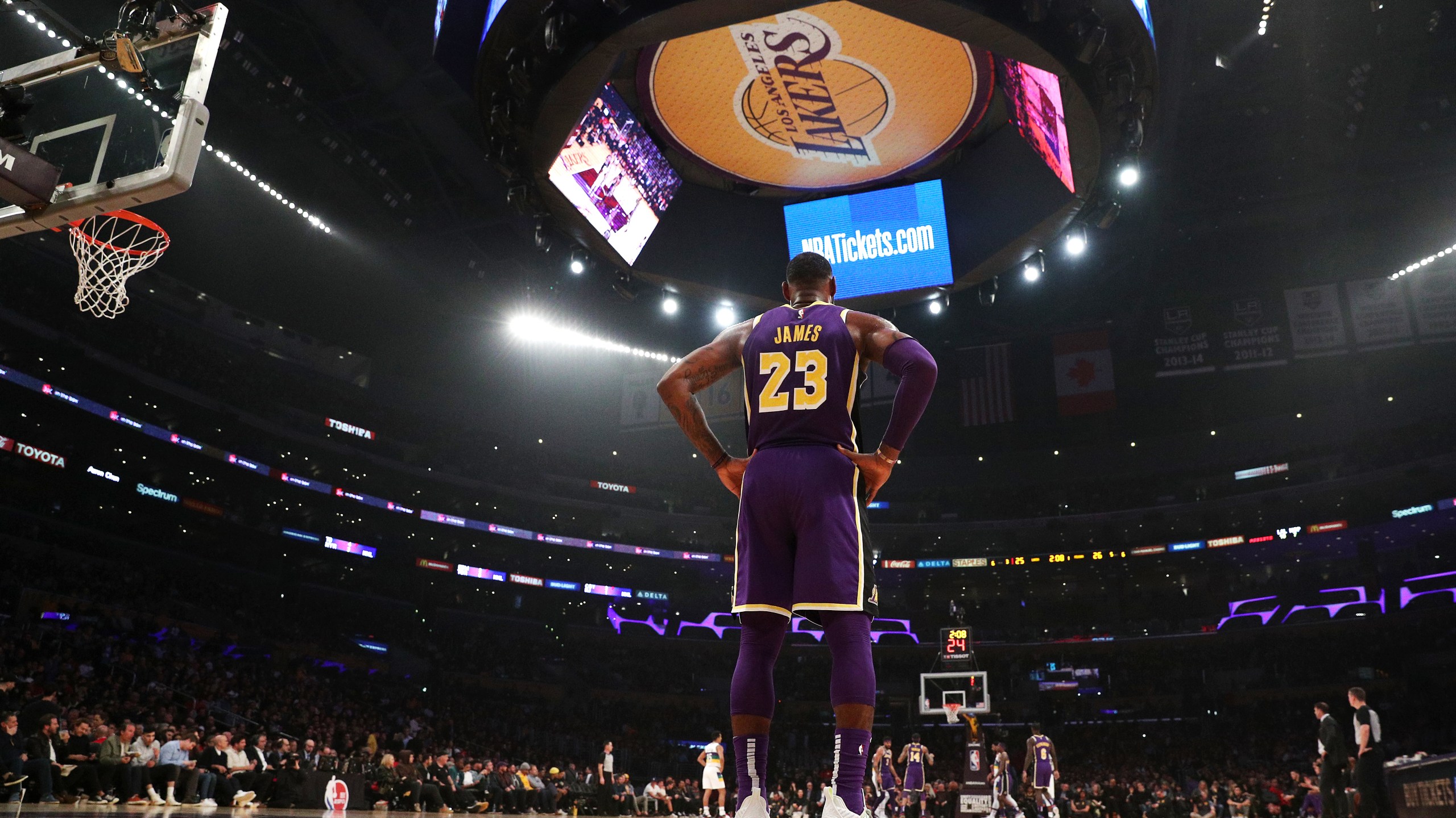 LeBron James of the Los Angeles Lakers looks on against the New Orleans Pelicans during the first half at Staples Center on Feb. 27, 2019. (Yong Teck Lim / Getty Images)