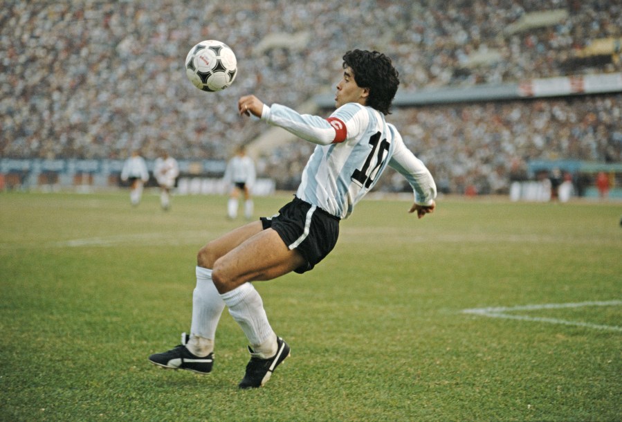 Argentina player Diego Maradona in action during a 1986 FIFA World Cup qualifying match against Peru at the National Stadium on June 23, 1985 in Lima, Peru. (David Cannon/Allsport/Getty Images/Hulton Archive)