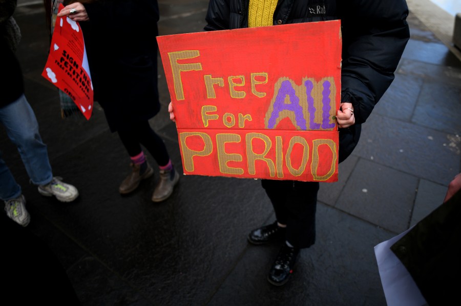 Campaigners and activists rally outside the Scottish Parliament in support of the Scottish Governments Support For Period Products Bill on Feb. 25, 2020 in Edinburgh,Scotland. (Jeff J Mitchell/Getty Images)