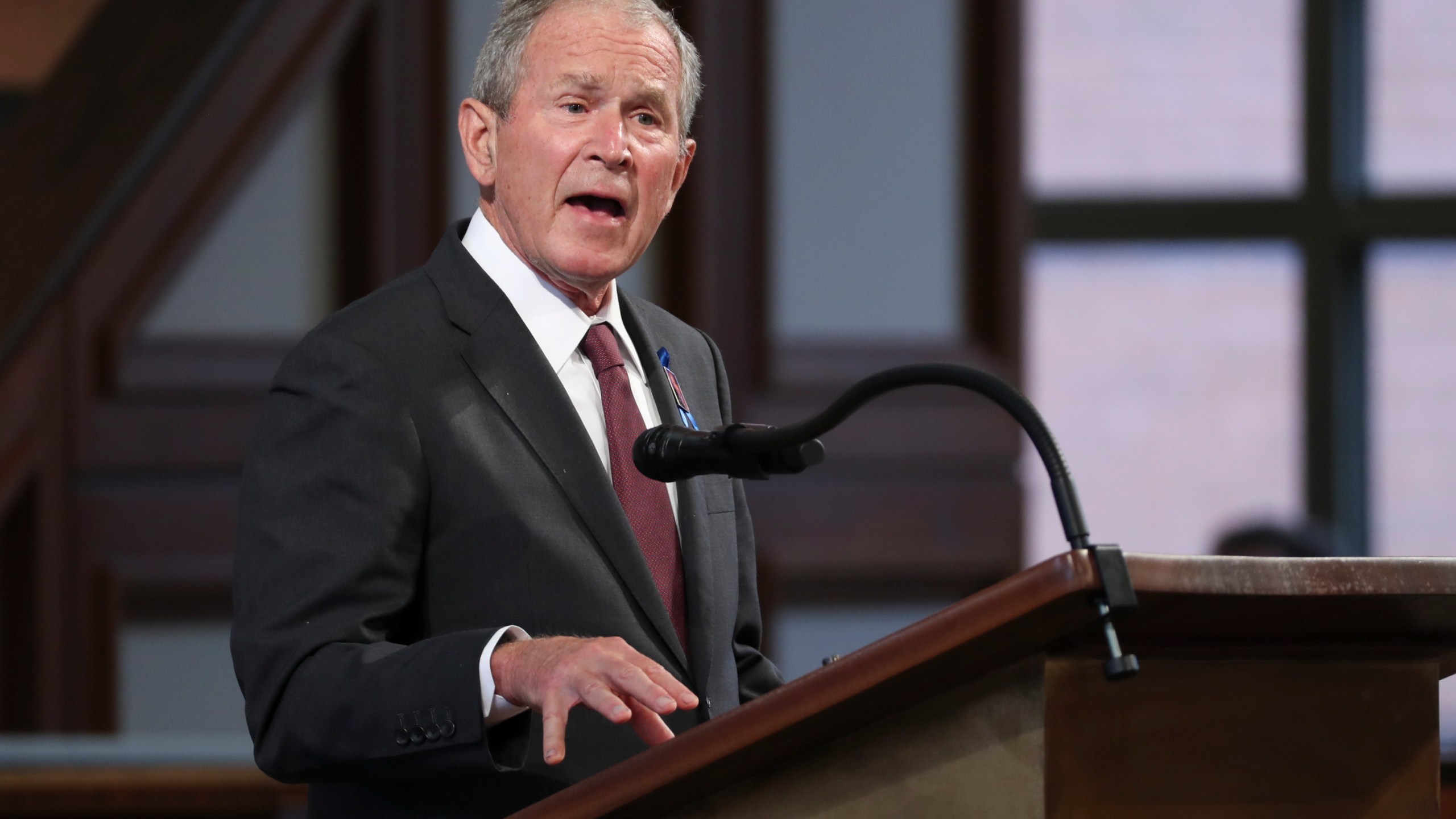 Former U.S. President George W. Bush speaks during the funeral service of late Civil Rights leader John Lewis at the State Capitol in Atlanta, Georgia on July 30, 2020. (ALYSSA POINTER/POOL/AFP via Getty Images)