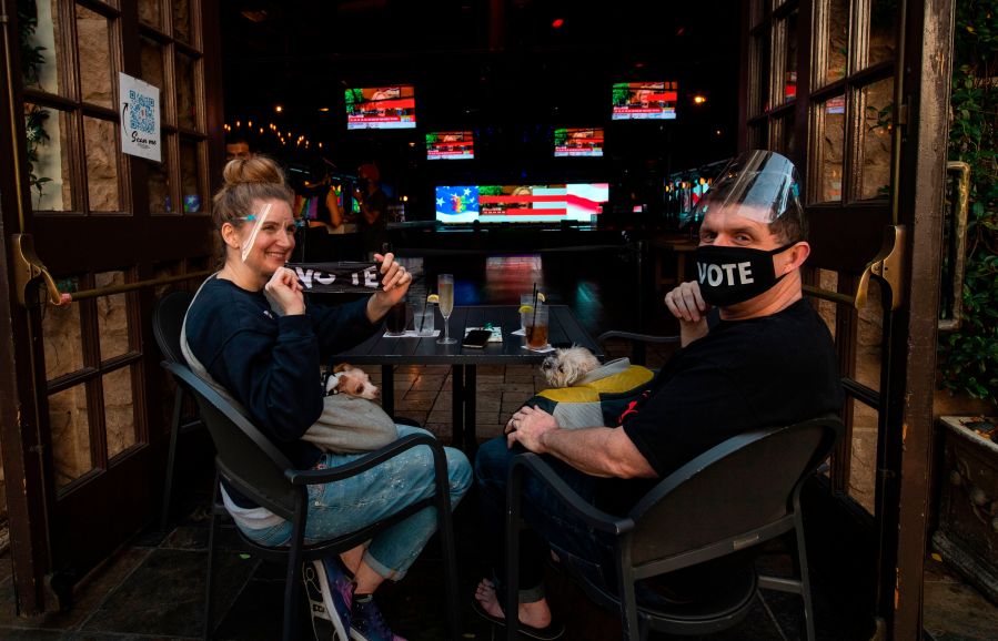 People watch the election results at The Abbey Food & Bar in West Hollywood, California on November 3, 2020. (Valerie Macon/AFP via Getty Images)