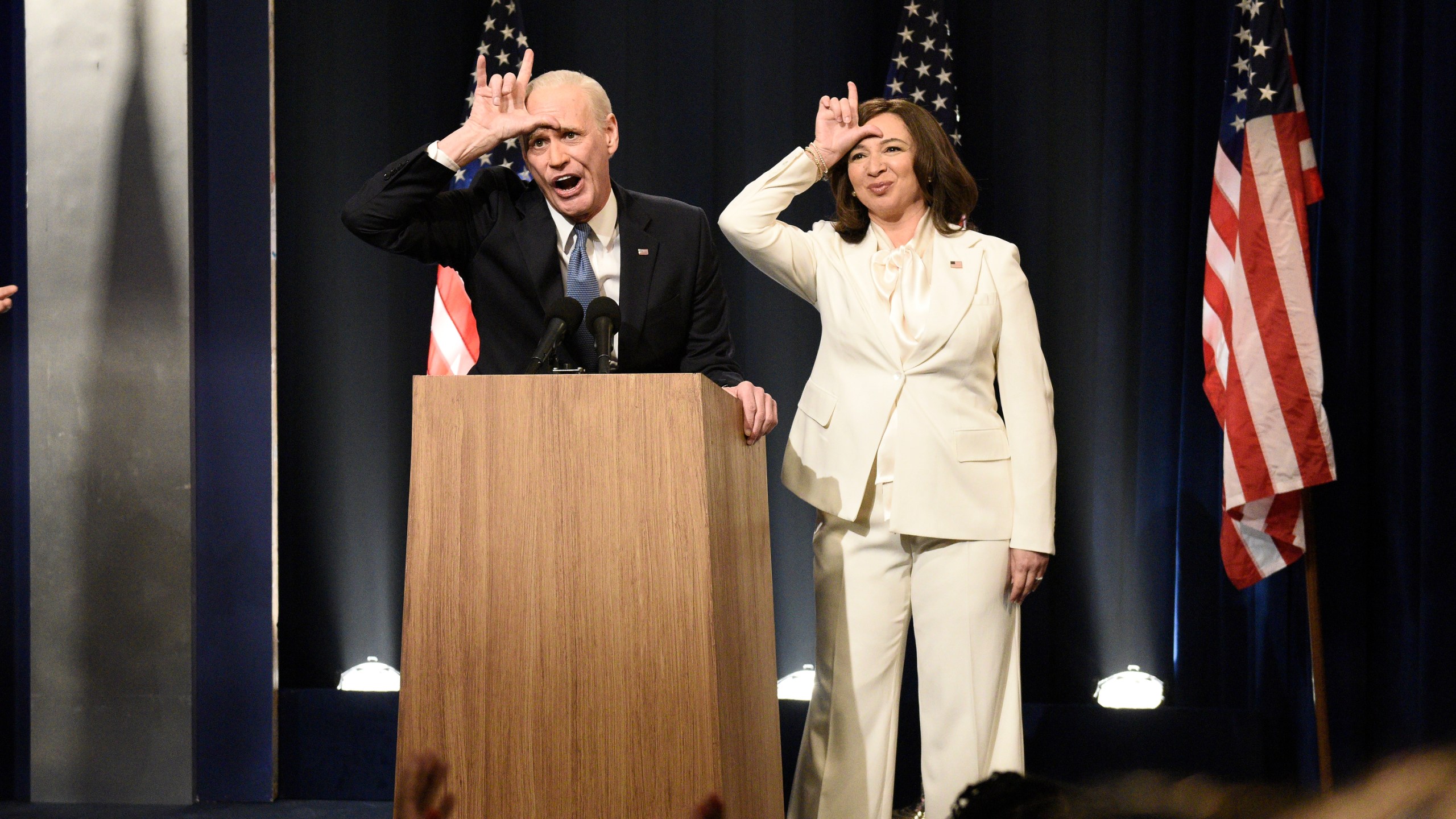 Jim Carrey as Joe Biden and Maya Rudolph as Kamala Harris during the "Biden Victory" Cold Open on Saturday, Nov. 7, 2020 (Will Heath/NBC/NBCU Photo Bank via Getty Images)