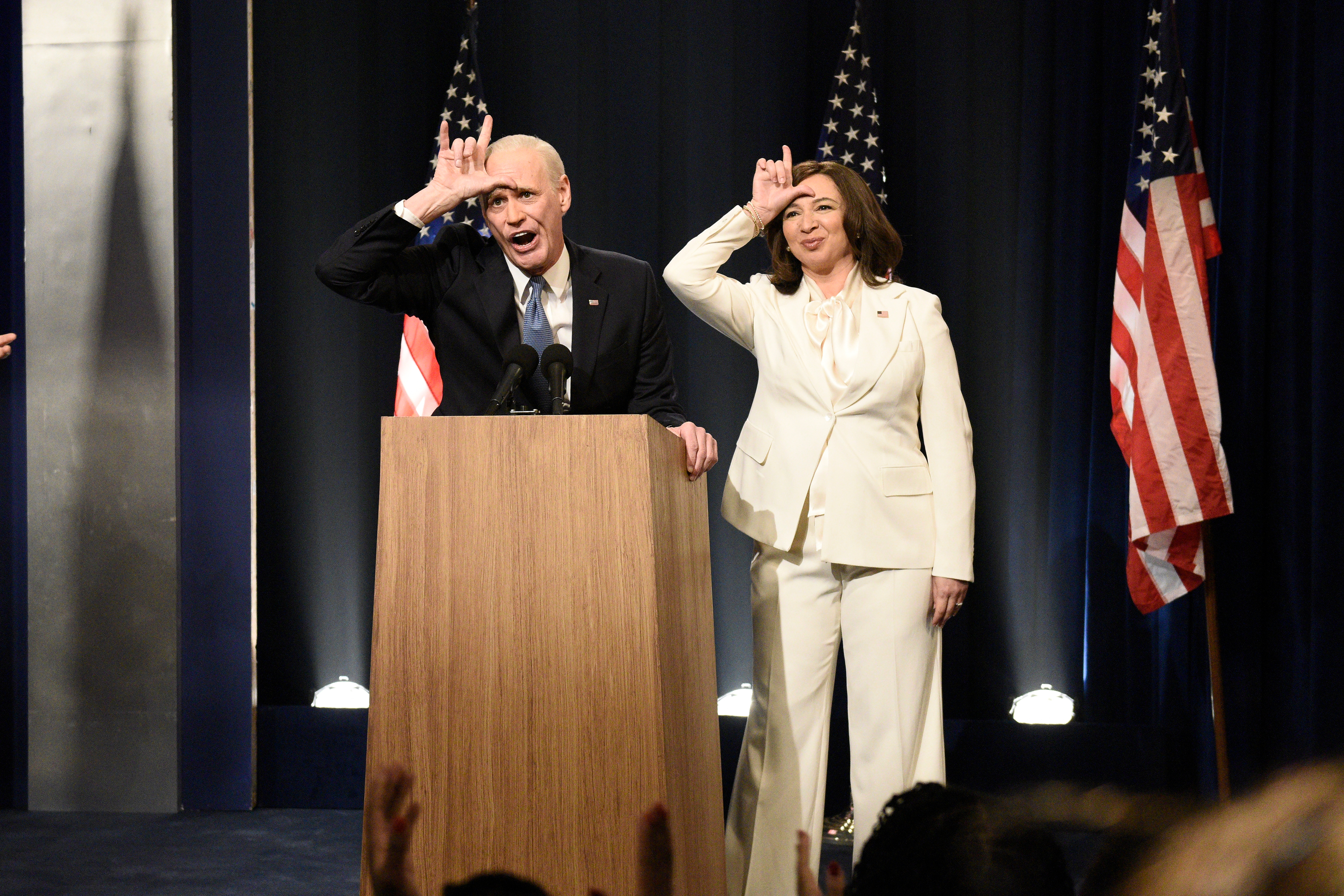 Jim Carrey as Joe Biden and Maya Rudolph as Kamala Harris during the "Biden Victory" Cold Open on Saturday, Nov. 7, 2020 (Will Heath/NBC/NBCU Photo Bank via Getty Images)