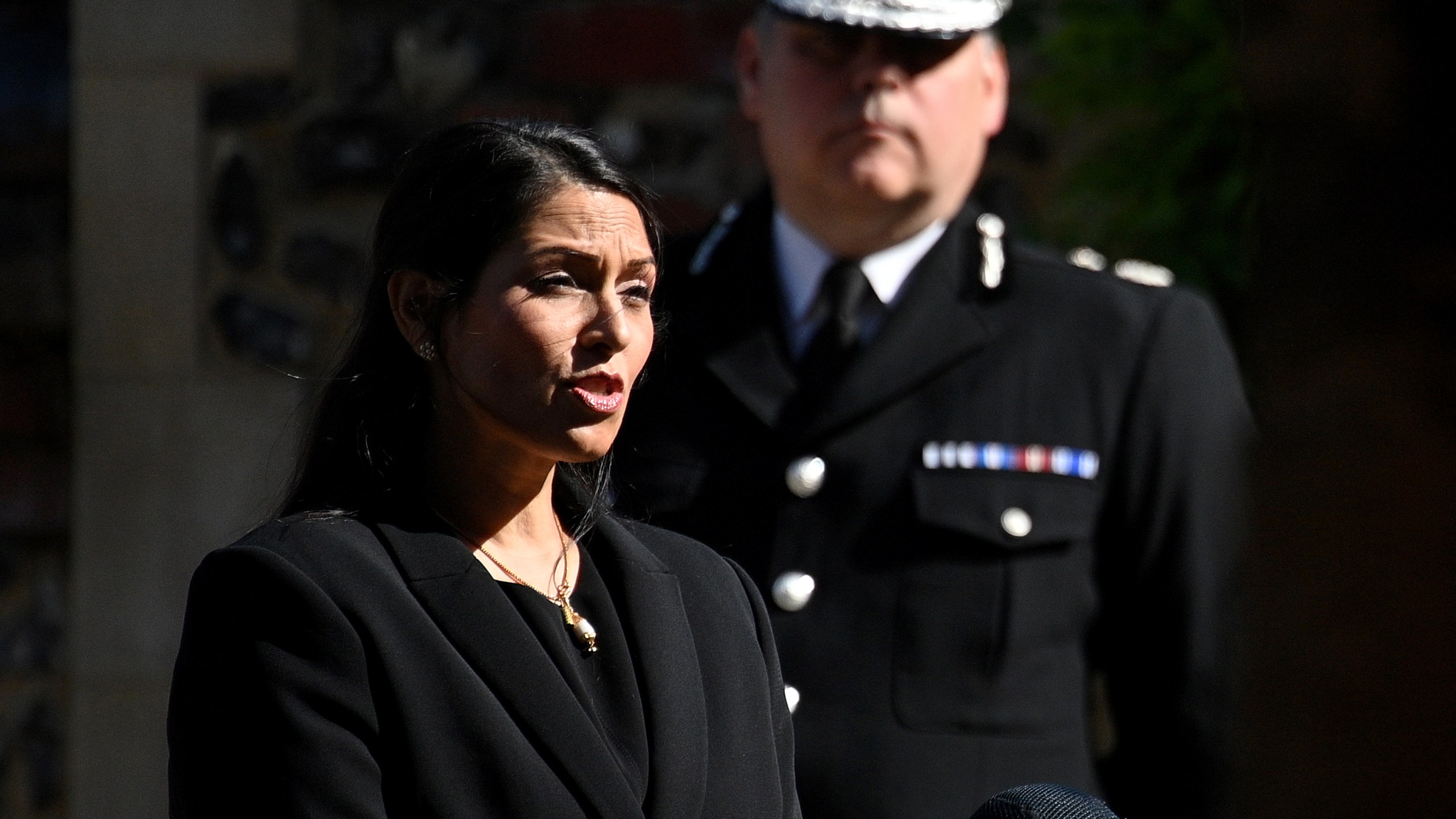 Home Secretary Priti Patel makes a statement to the media at Forbury Gardens on June 22, 2020 in Reading, England. (Leon Neal/Getty Images)