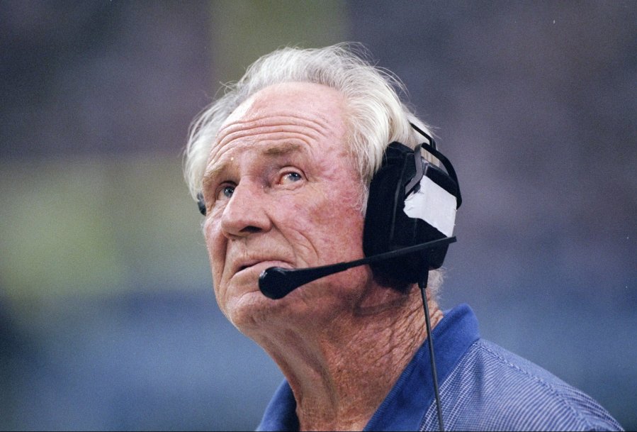 Offensive line coach Jim Hanifan of the St. Louis Rams watches his players on Aug 15, 1997, during a preseason game against the Dallas Cowboys at Texas Stadium in Irving, Texas. (Getty Images)