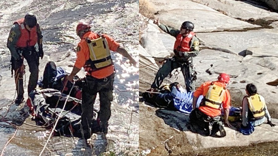 A couple from Rancho Cucamonga was rescued by California Highway Patrol in Madera County after a woman slipped into Willow Creek and her husband jumped in to rescue her. (Madera County Sheriff's Office)