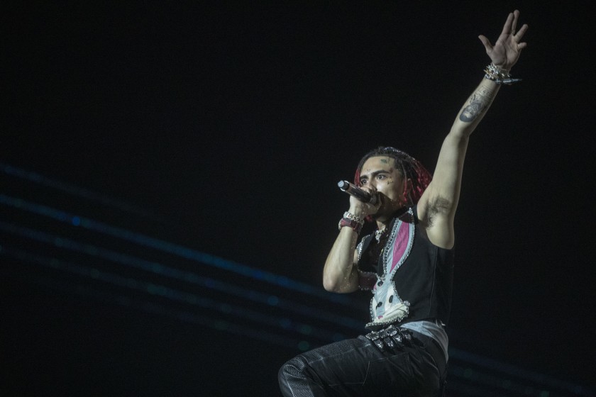 Lil Pump joins Gucci Gang on the Sahara stage at Coachella 2019. (Brian van der Brug / Los Angeles Times)