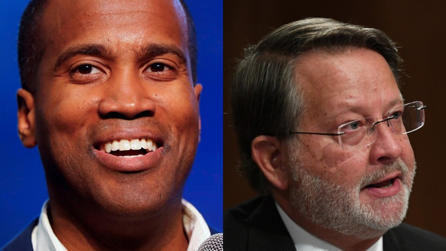 U.S. Senate candidate John James, R-Michigan, left; Sen. Gary Peters, D-Michigan, right. (AP Photos)