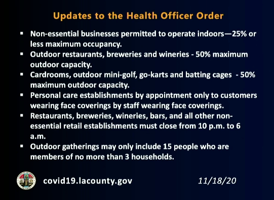 The L.A. County Department of Public Health released this list of updates to its health order effective Nov. 20, 2020. 