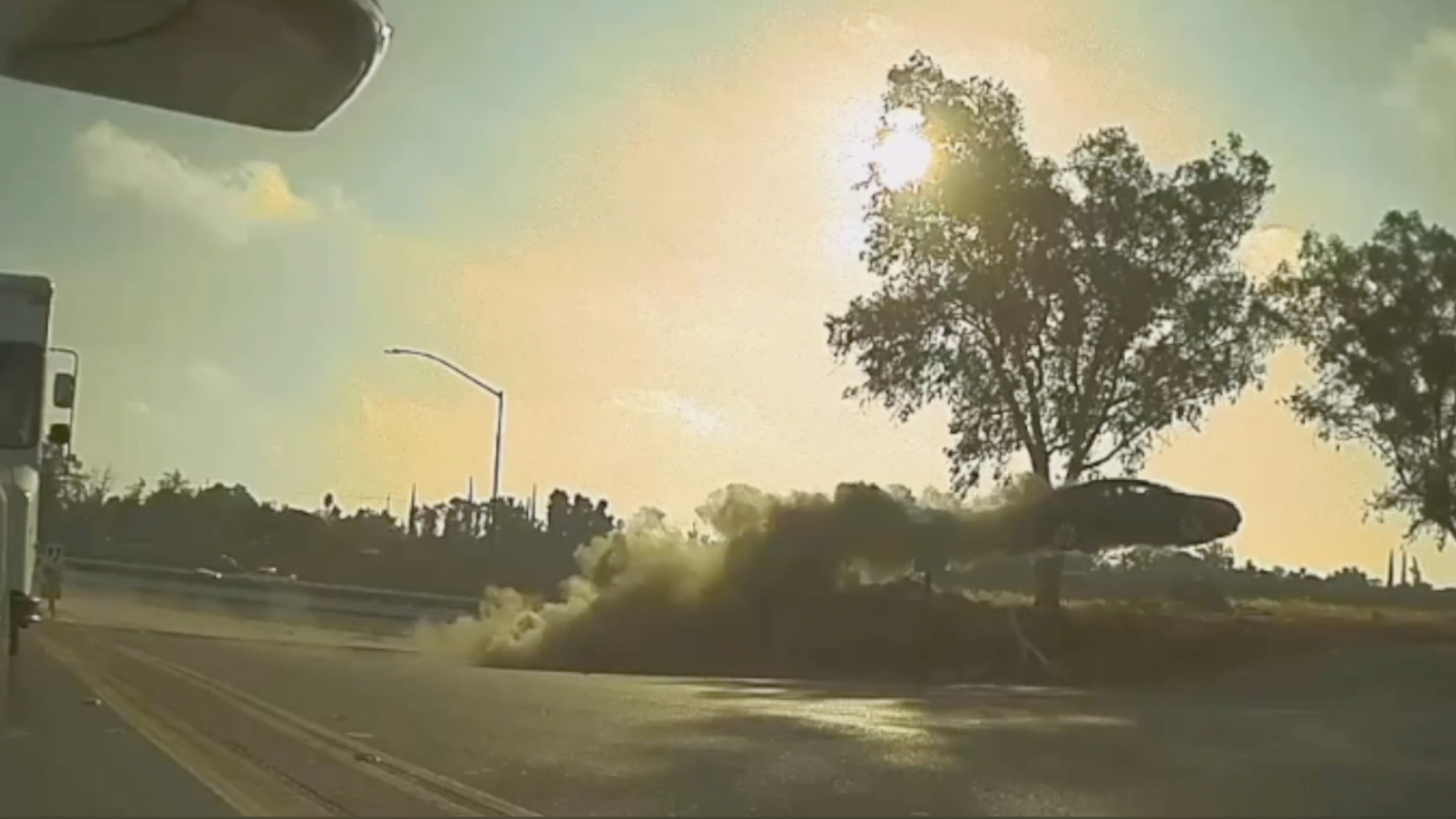 A car went airborne while traveling northbound SR-99 in Modesto on Nov. 14, 2020. (Modesto CHP via Storyful)