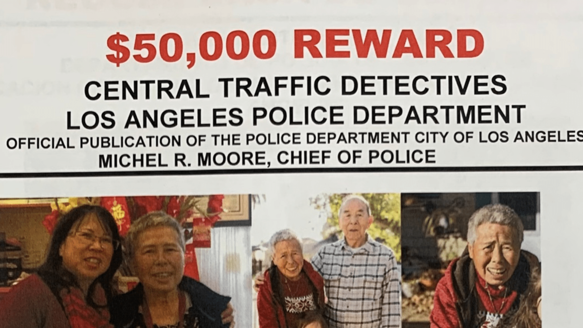 LAPD released this poster showing photos of Kuen Ham and announcing a $50,000 reward for information in the search for the driver who fatally struck her in Westlake on Nov. 23, 2020.