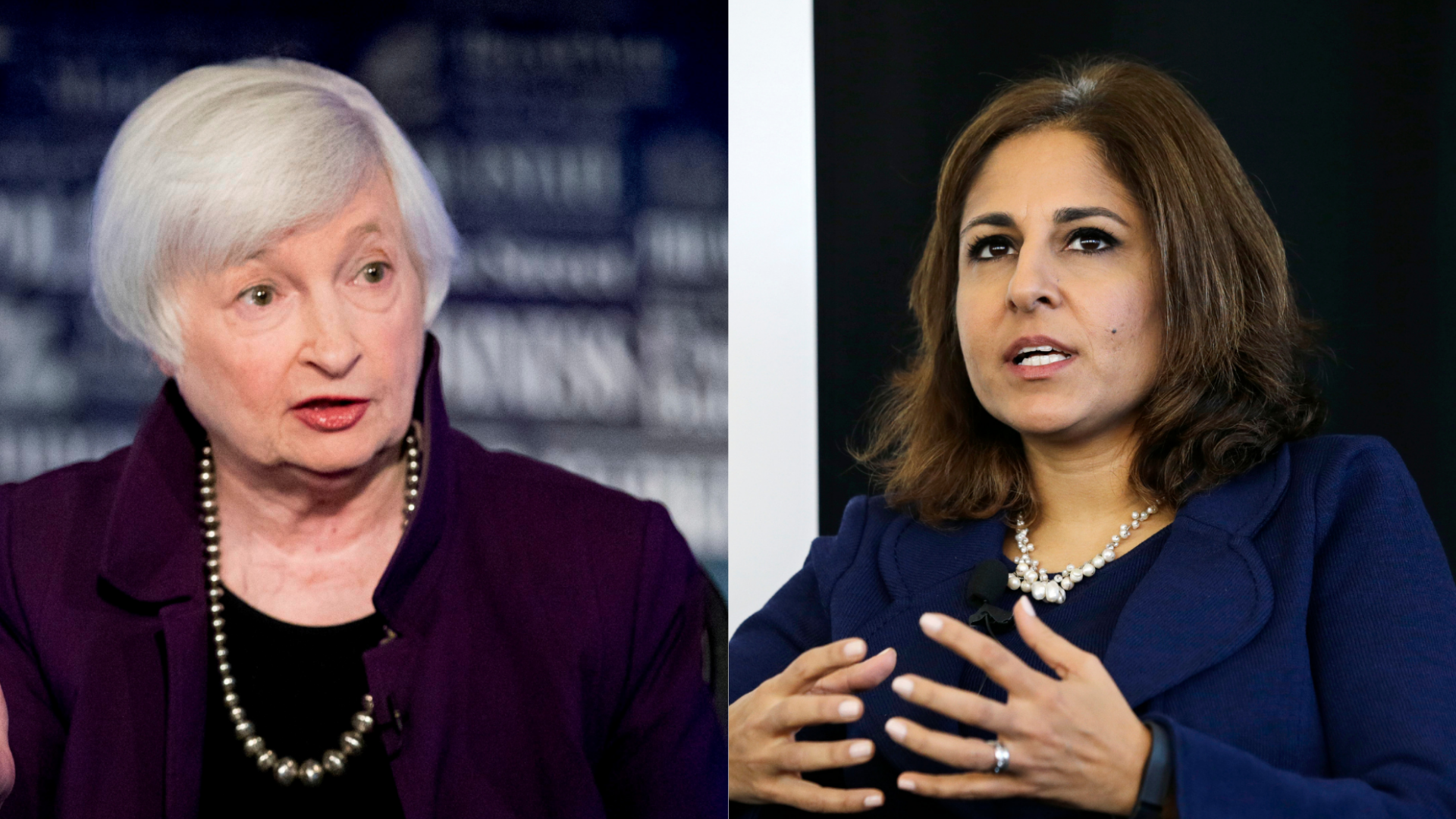 This combination photo shows Janet Yellen, left, appearing on FOX Business Network in Washington in August 2019, and Neera Tanden speaking at New Start New Jersey at NJIT in Newark in November 2014. (AP Photo/Andrew Harnik/Mel Evans)