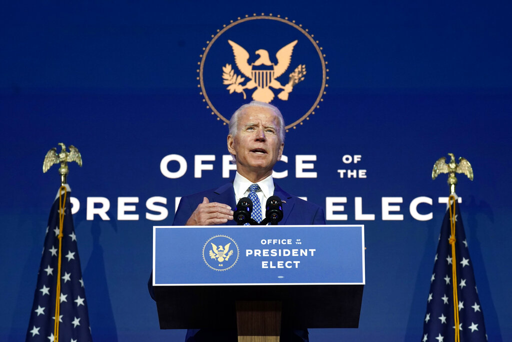 President-elect Joe Biden speaks Monday at The Queen theater in Wilmington, Del. (AP Photo/Carolyn Kaster)