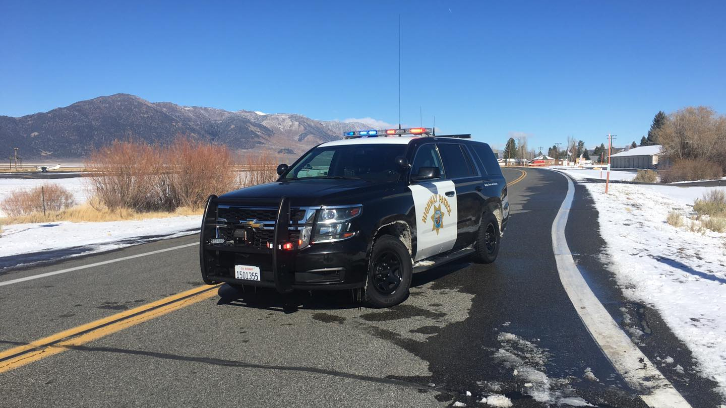 A California Highway Patrol SUV blocks Highway 395 near Bridgeport as the road was closed for a homicide investigation on Nov. 9, 2020, in a photo shared by CHP’s Bridgeport division.