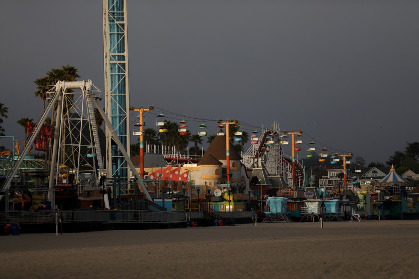 The Santa Cruz Beach Boardwalk appears in a photo taken in May 2020, after coronavirus-related closures took effect.(Gary Coronado / Los Angeles Times)