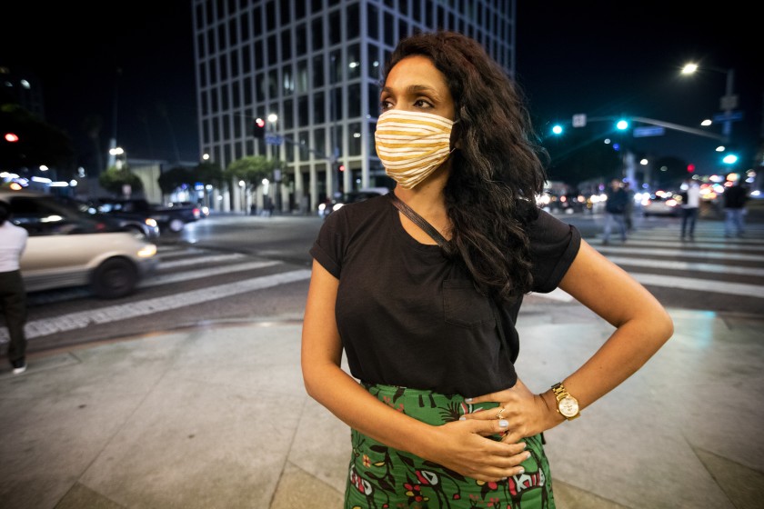 L.A. City Council candidate Nithya Raman in Los Angeles on election night, Nov. 3, 2020. (Francine Orr/Los Angeles Times)