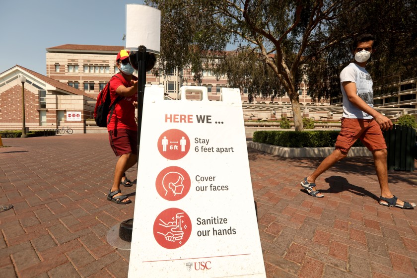 Students return for the first day of academic instruction for the fall 2020 semester. (Genaro Molina / Los Angeles Times)