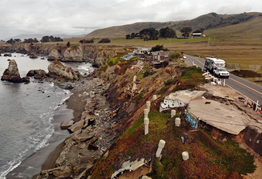 At Gleason Beach, remnants of homes and piles of broken seawalls clutter the coastline.(Carolyn Cole / Los Angeles Times)