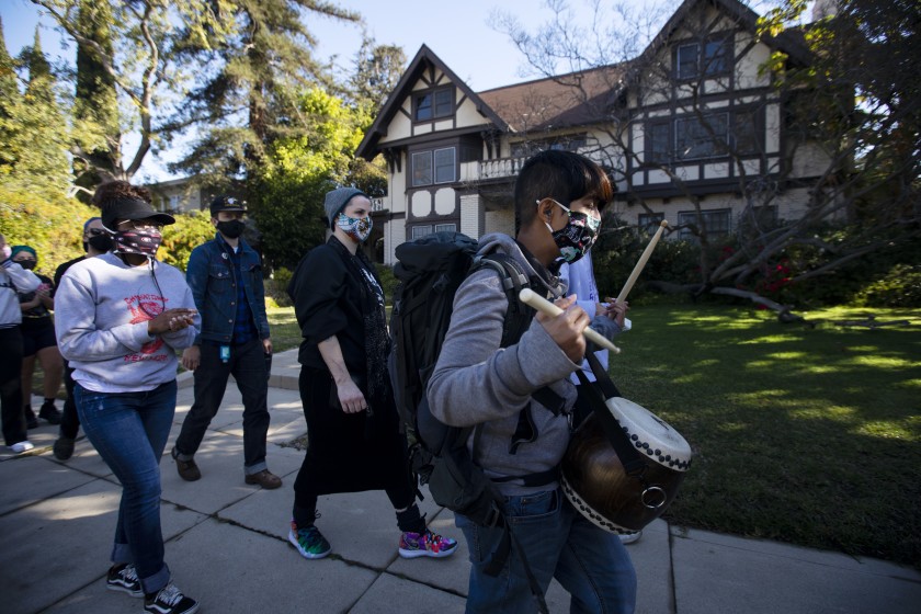 Black Lives Matter-Los Angeles participates in a demonstration outside Mayor Eric Garcetti’s official residence on Nov. 27, 2020. (Francine Orr / Los Angeles Times)